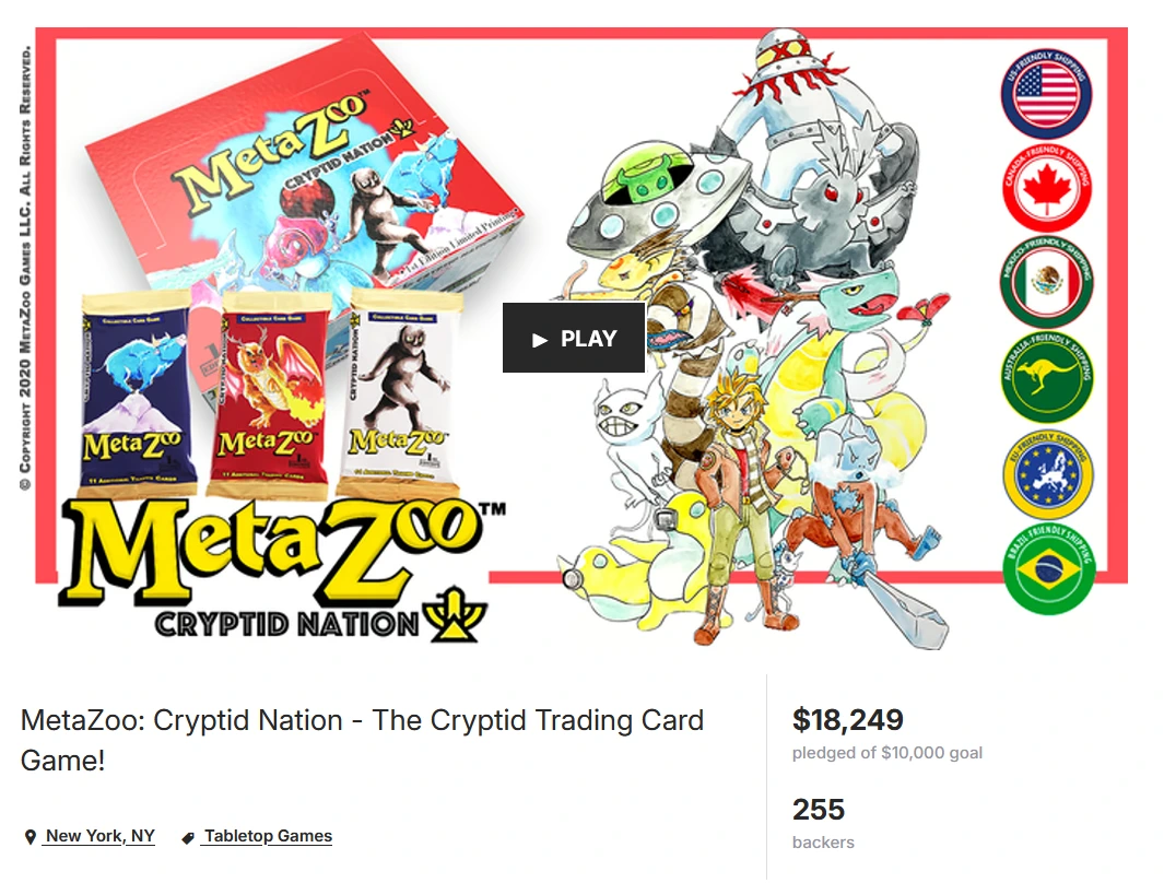 Original MetaZoo Cryptid Nation Kickstarter campaign showing $18,249 pledged by 255 backers