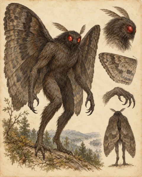 Field-guide illustration of a dark winged Mothman with red eyes